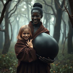 In a haunted medieval forest, a scene unfolds featuring a very happy, emaciated 19-year-old blond girl with medium-length hair, wearing a long, completely closed Buddhist robe