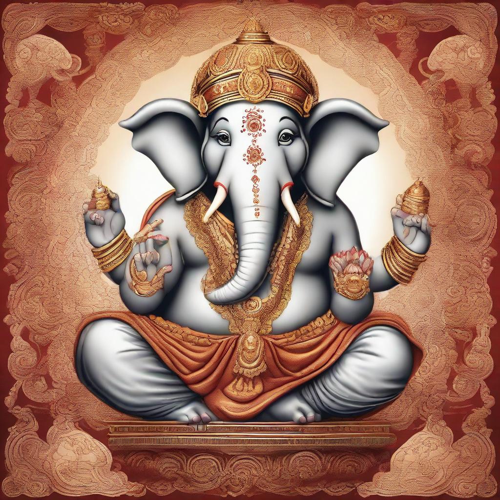 A reverent and detailed portrait of Lord Ganesha, the Hindu deity of wisdom and success. The god has an elephant head and a detailed ornamental design according to traditional Hindu depictions.