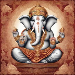 A reverent and detailed portrait of Lord Ganesha, the Hindu deity of wisdom and success. The god has an elephant head and a detailed ornamental design according to traditional Hindu depictions.