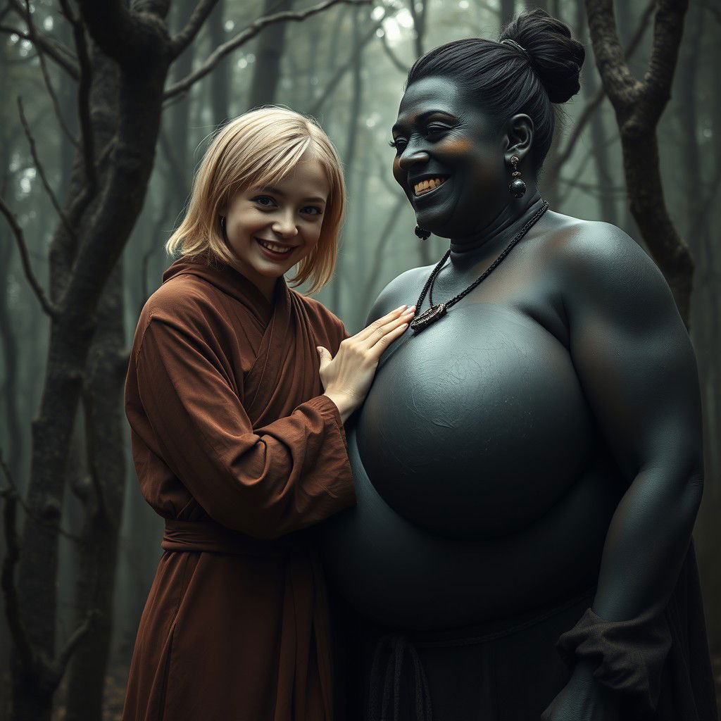 In a haunted medieval forest, a very happy, emaciated 19-year-old blonde girl with medium-length hair is depicted wearing a long, completely closed Buddhist robe