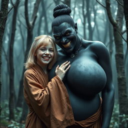 In a haunted medieval forest, a very happy, emaciated 19-year-old blonde girl with medium-length hair is depicted wearing a long, completely closed Buddhist robe