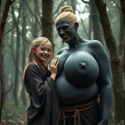 In a haunted medieval forest, a very happy, emaciated 19-year-old blonde girl with medium-length hair is depicted wearing a long, completely closed Buddhist robe