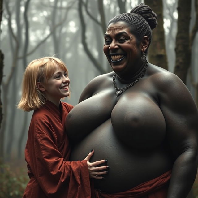 In a haunted medieval forest, a very happy, emaciated 19-year-old blonde girl with medium-length hair is depicted wearing a long, completely closed Buddhist robe