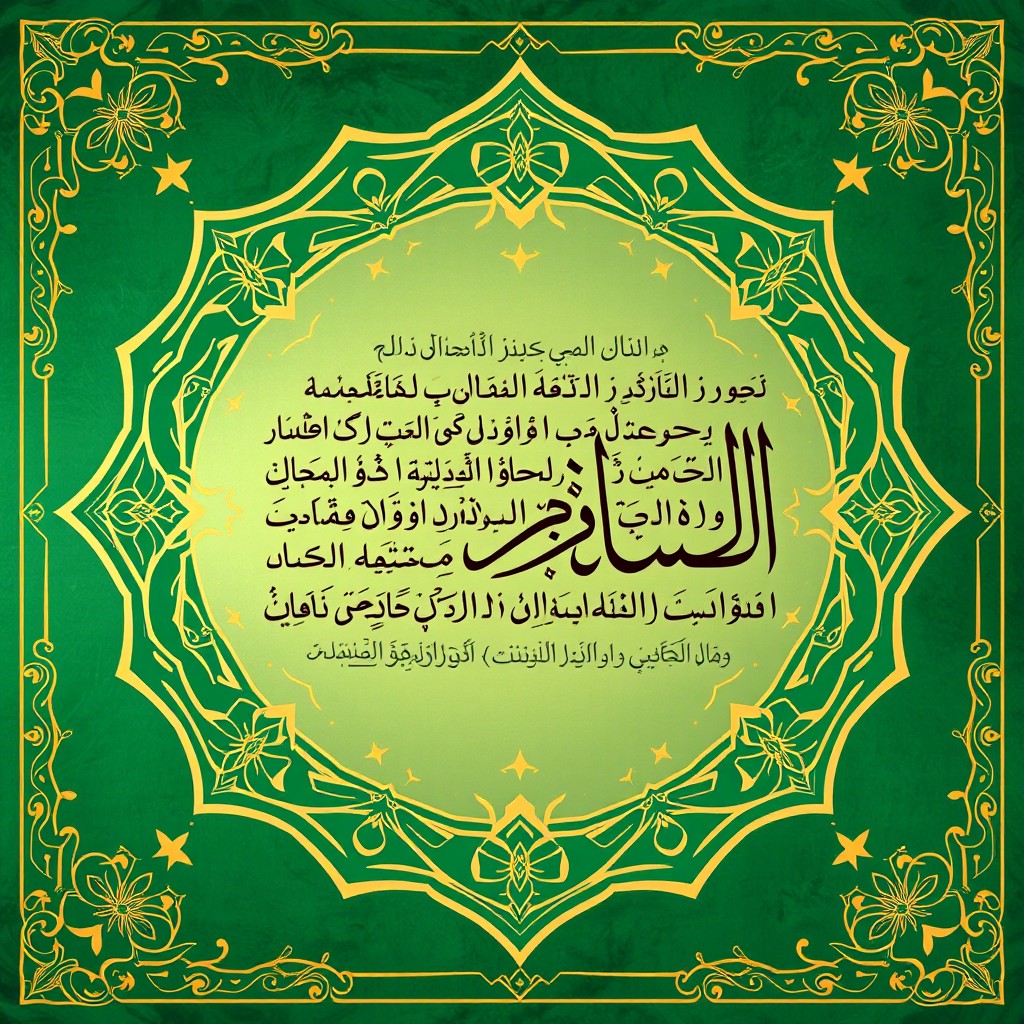 An intricate and beautifully designed A4 size illustration inspired by Islamic art, featuring elegant geometric patterns and calligraphy from the Quran