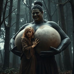 In a medieval haunted forest, a scene unfolds featuring a very happy, emaciated 19-year-old blonde young woman with medium-length hair