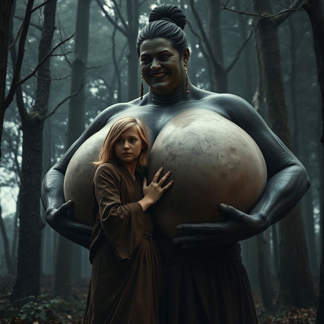 In a medieval haunted forest, a scene unfolds featuring a very happy, emaciated 19-year-old blonde young woman with medium-length hair