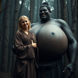 In a medieval haunted forest, a scene unfolds featuring a very happy, emaciated 19-year-old blonde young woman with medium-length hair