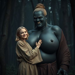 In a medieval haunted forest, a scene unfolds featuring a very happy, emaciated 19-year-old blonde young woman with medium-length hair