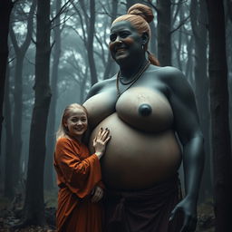 In a medieval haunted forest, a scene unfolds featuring a very happy, emaciated 19-year-old blonde young woman with medium-length hair