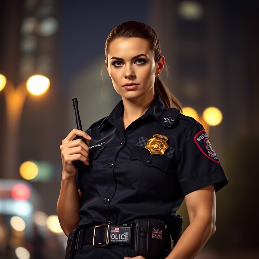A confident and assertive policewoman standing tall, wearing a traditional police uniform complete with a badge and utility belt