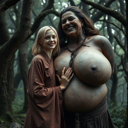 In a medieval haunted forest, a scene presents a very happy, emaciated 19-year-old blonde woman with medium-length hair