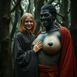 In a medieval haunted forest, a scene presents a very happy, emaciated 19-year-old blonde woman with medium-length hair