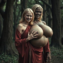 In a medieval haunted forest, a scene presents a very happy, emaciated 19-year-old blonde woman with medium-length hair