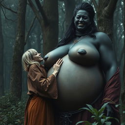 In a medieval haunted forest, a scene depicts a very happy, emaciated 19-year-old blonde woman with medium-length hair, dressed in a long, fully closed Buddhist robe