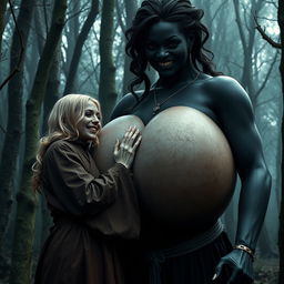 In a medieval haunted forest, a scene depicts a very happy, emaciated 19-year-old blonde woman with medium-length hair, dressed in a long, fully closed Buddhist robe