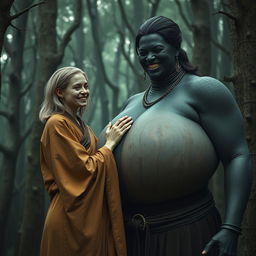 In a medieval haunted forest, a scene depicts a very happy, emaciated 19-year-old blonde woman with medium-length hair, dressed in a long, fully closed Buddhist robe