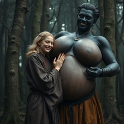 In a medieval haunted forest, a scene depicts a very happy, emaciated 19-year-old blonde woman with medium-length hair, dressed in a long, fully closed Buddhist robe