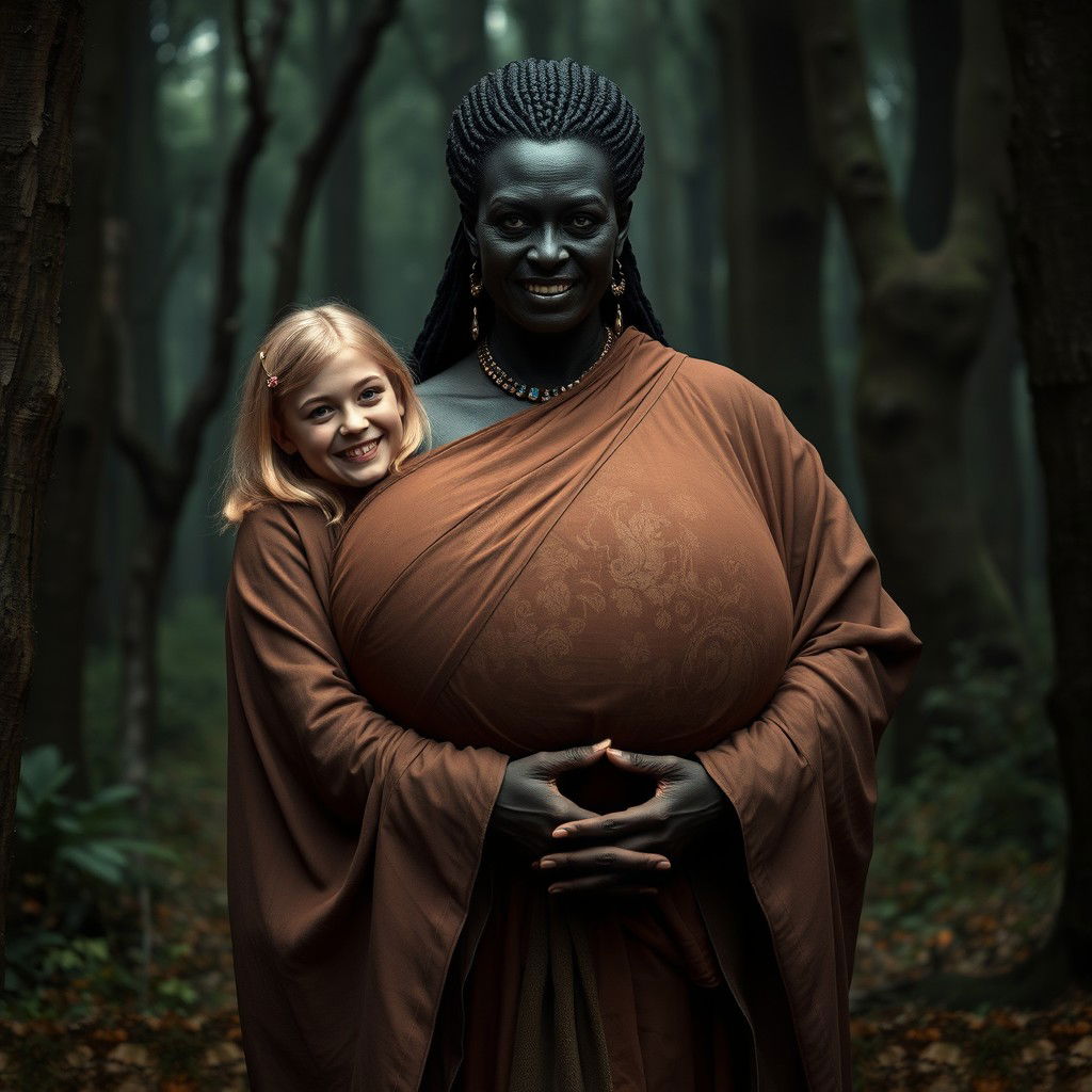 In a haunting medieval forest, a scene unfolds: a very happy 19-year-old blonde girl with medium-length hair, wearing a long, fully closed Buddhist robe
