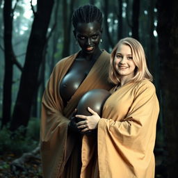 In a haunting medieval forest, a scene unfolds: a very happy 19-year-old blonde girl with medium-length hair, wearing a long, fully closed Buddhist robe