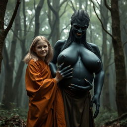 In a haunting medieval forest, a scene unfolds: a very happy 19-year-old blonde girl with medium-length hair, wearing a long, fully closed Buddhist robe