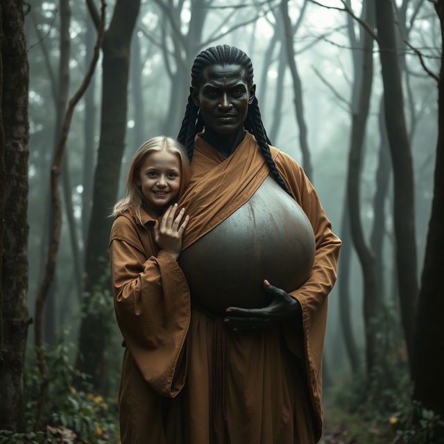 In a haunting medieval forest, a scene unfolds: a very happy 19-year-old blonde girl with medium-length hair, wearing a long, fully closed Buddhist robe