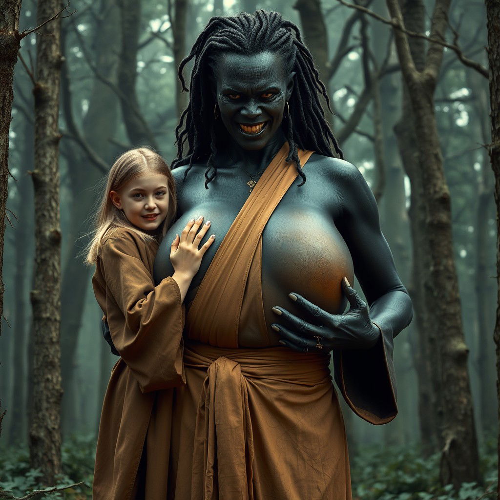 In a ghostly medieval forest, a striking scene occurs: a very cheerful 19-year-old blonde girl with medium-length hair, who appears to be slightly undernourished, is dressed in a long, fully closed Buddhist robe