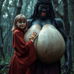 In a ghostly medieval forest, a striking scene occurs: a very cheerful 19-year-old blonde girl with medium-length hair, who appears to be slightly undernourished, is dressed in a long, fully closed Buddhist robe