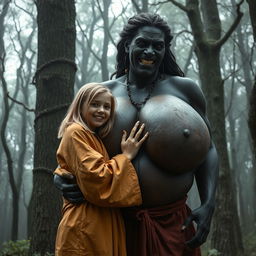In a ghostly medieval forest, a striking scene occurs: a very cheerful 19-year-old blonde girl with medium-length hair, who appears to be slightly undernourished, is dressed in a long, fully closed Buddhist robe