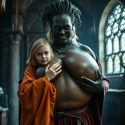 In a medieval chamber, a vivid and striking scene takes place: a very cheerful 19-year-old blonde girl with medium-length hair, slightly undernourished, is dressed in a long, fully closed Buddhist robe