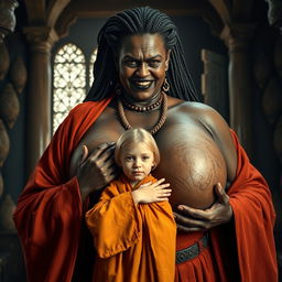 In a medieval chamber, a vivid and striking scene takes place: a very cheerful 19-year-old blonde girl with medium-length hair, slightly undernourished, is dressed in a long, fully closed Buddhist robe