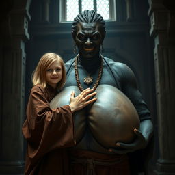 In a medieval chamber, a vivid and striking scene takes place: a very cheerful 19-year-old blonde girl with medium-length hair, slightly undernourished, is dressed in a long, fully closed Buddhist robe