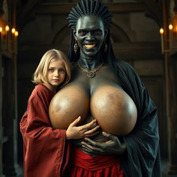 In a medieval chamber, a vivid and striking scene takes place: a very cheerful 19-year-old blonde girl with medium-length hair, slightly undernourished, is dressed in a long, fully closed Buddhist robe