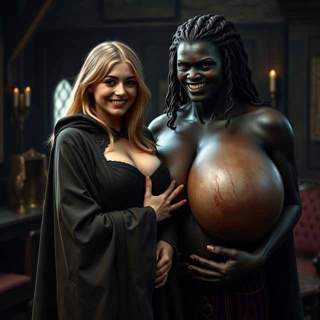 In a medieval room, a very happy 19-year-old skinny blonde girl with medium-length hair wearing a long, fully closed noble medieval cloak, tightly clutching the breasts of an imposing, evil-looking African woman with exceptionally large breasts, described as the largest in the world
