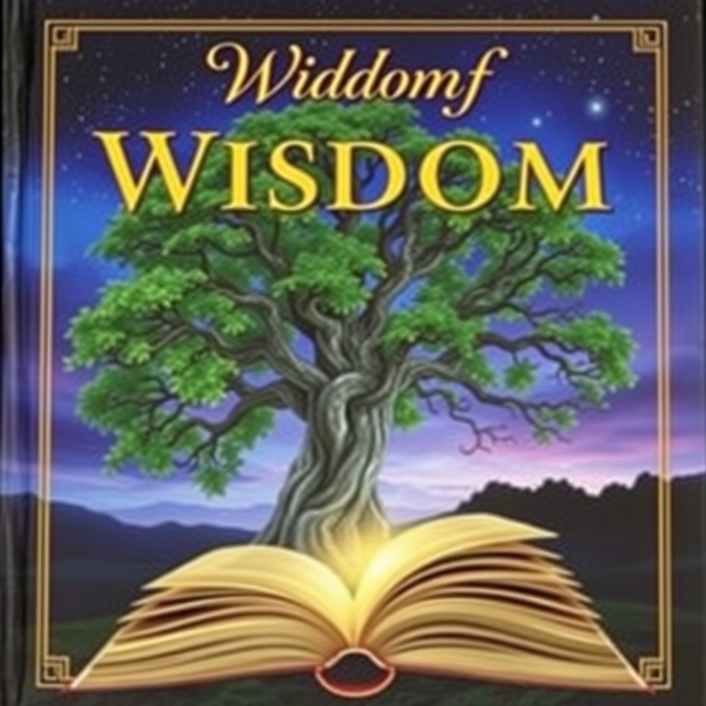 A book cover that exudes wisdom, featuring a majestic ancient tree with gnarled branches and vibrant green leaves, set against a serene twilight sky filled with stars