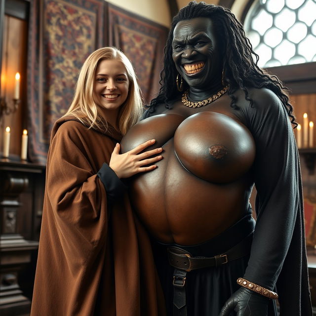 In a medieval room, a very happy 19-year-old skinny blonde girl with medium-length hair wearing a long, fully closed noble medieval cloak, tightly clutching the breasts of a towering, evil-looking African woman