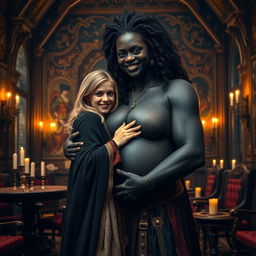 A medieval room filled with intricate, ornate furniture and rich tapestries, bathed in warm candlelight