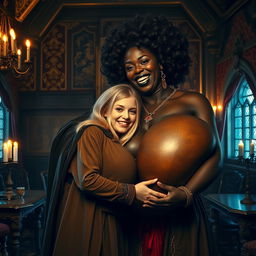 A medieval room filled with intricate, ornate furniture and rich tapestries, bathed in warm candlelight