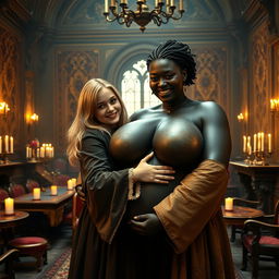 A medieval room filled with intricate, ornate furniture and rich tapestries, bathed in warm candlelight