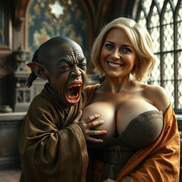 In a medieval room, a very short and undernourished 33-year-old African black female dwarf is depicted