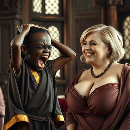 In a medieval room, a petite African black dwarven woman aged 28, with very dark skin and a malnourished appearance, is dressed in a long, closed noble Buddhist robe adorned with golden edges