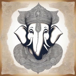 A reverent and detailed portrait of Lord Ganesha, the Hindu deity of wisdom and success. The god has an elephant head and a detailed ornamental design according to traditional Hindu depictions.