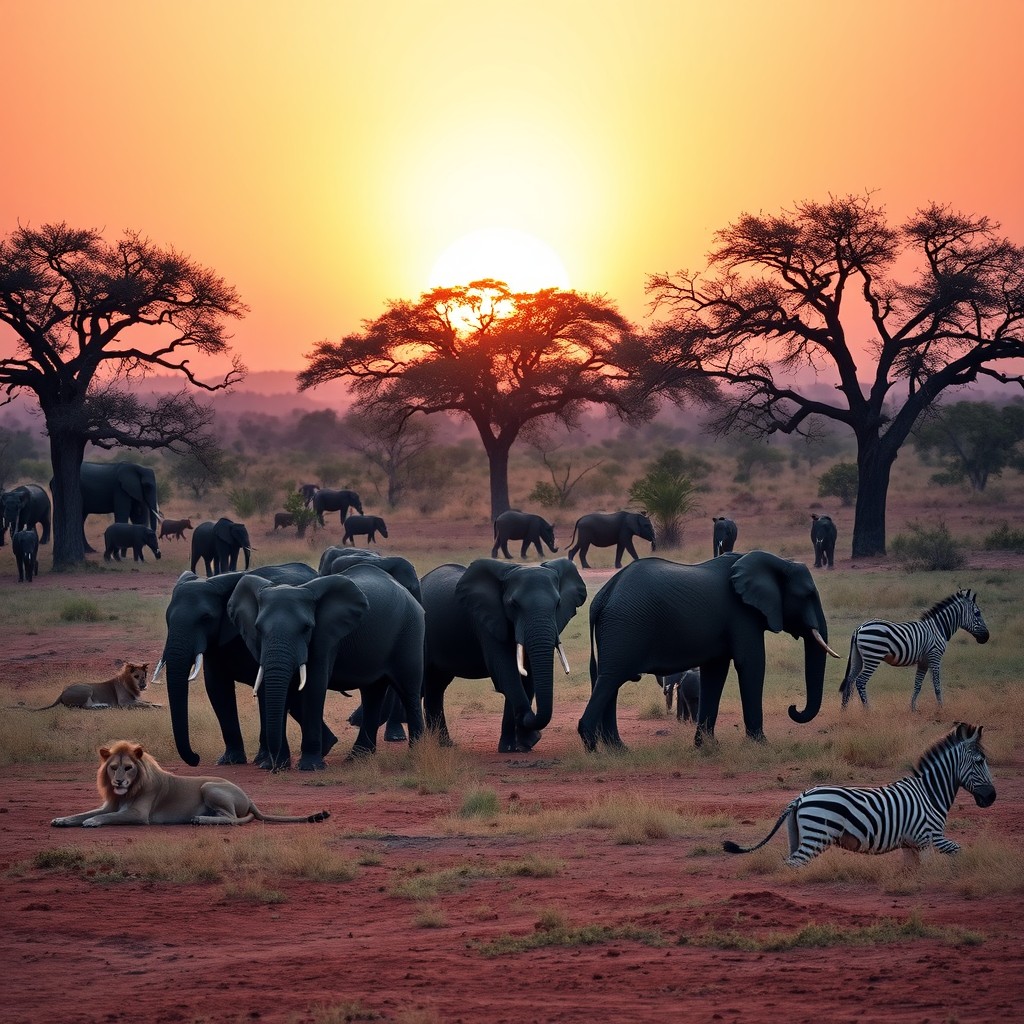 A vibrant and stunning safari scene set in the African savannah, featuring a majestic group of elephants grazing under a warm golden sunset