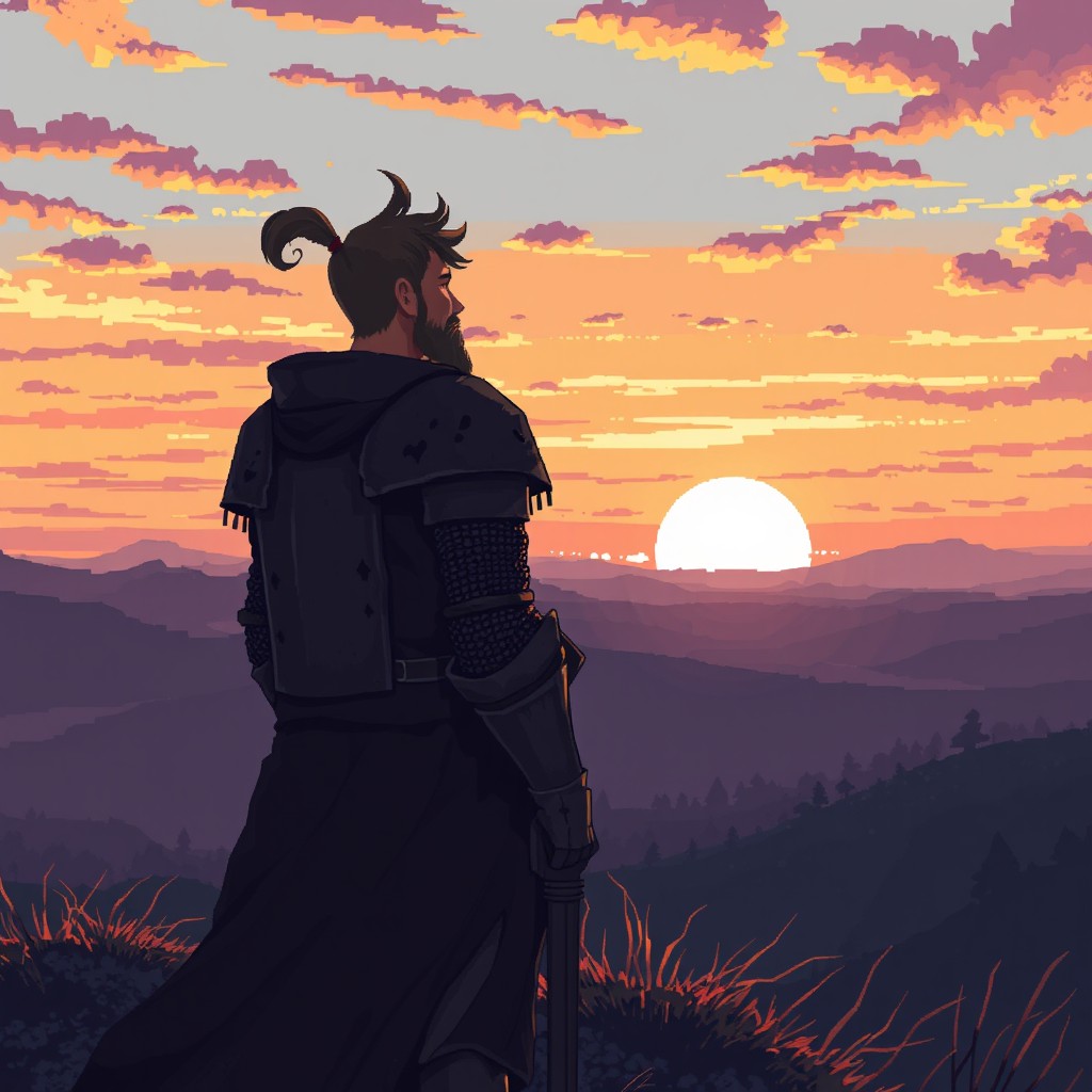 A pixel art scene depicting a tired knight standing on a hilltop, gazing at the beautiful dawn sky