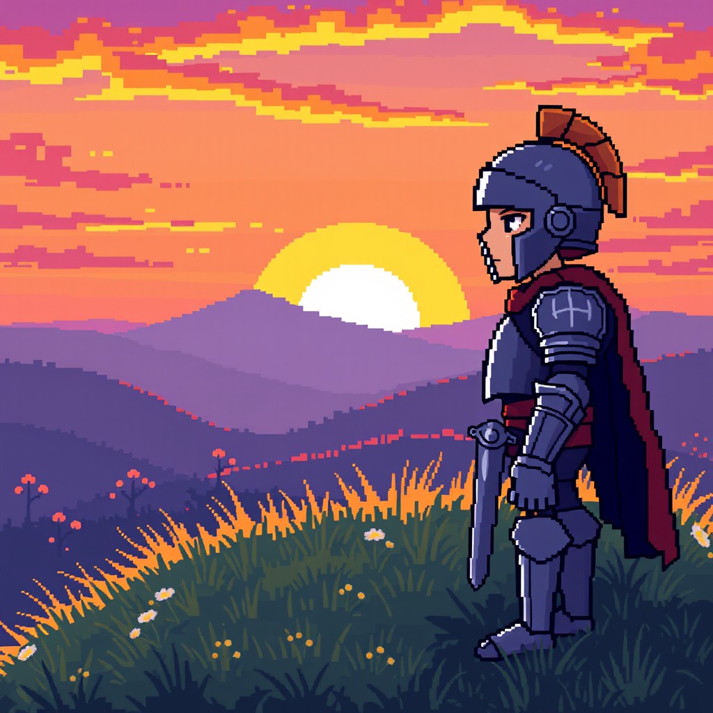 A pixel art scene inspired by the style of Stardew Valley, featuring a tired knight standing on a grassy hilltop, looking out at the dawn