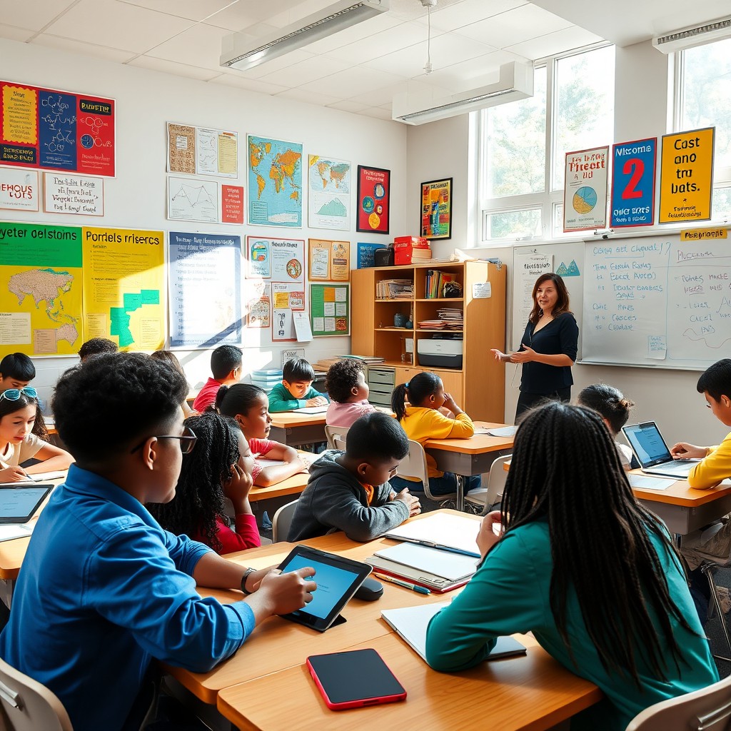 A vibrant classroom filled with enthusiastic students engaged in various educational activities
