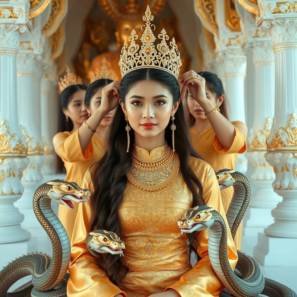 A beautiful young woman with long hair wearing a golden traditional Thai outfit and a crown, sitting in a white palace, surrounded by several female attendants who are styling her hair