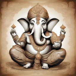 A reverent and detailed portrait of Lord Ganesha, the Hindu deity of wisdom and success. The god has an elephant head and a detailed ornamental design according to traditional Hindu depictions.