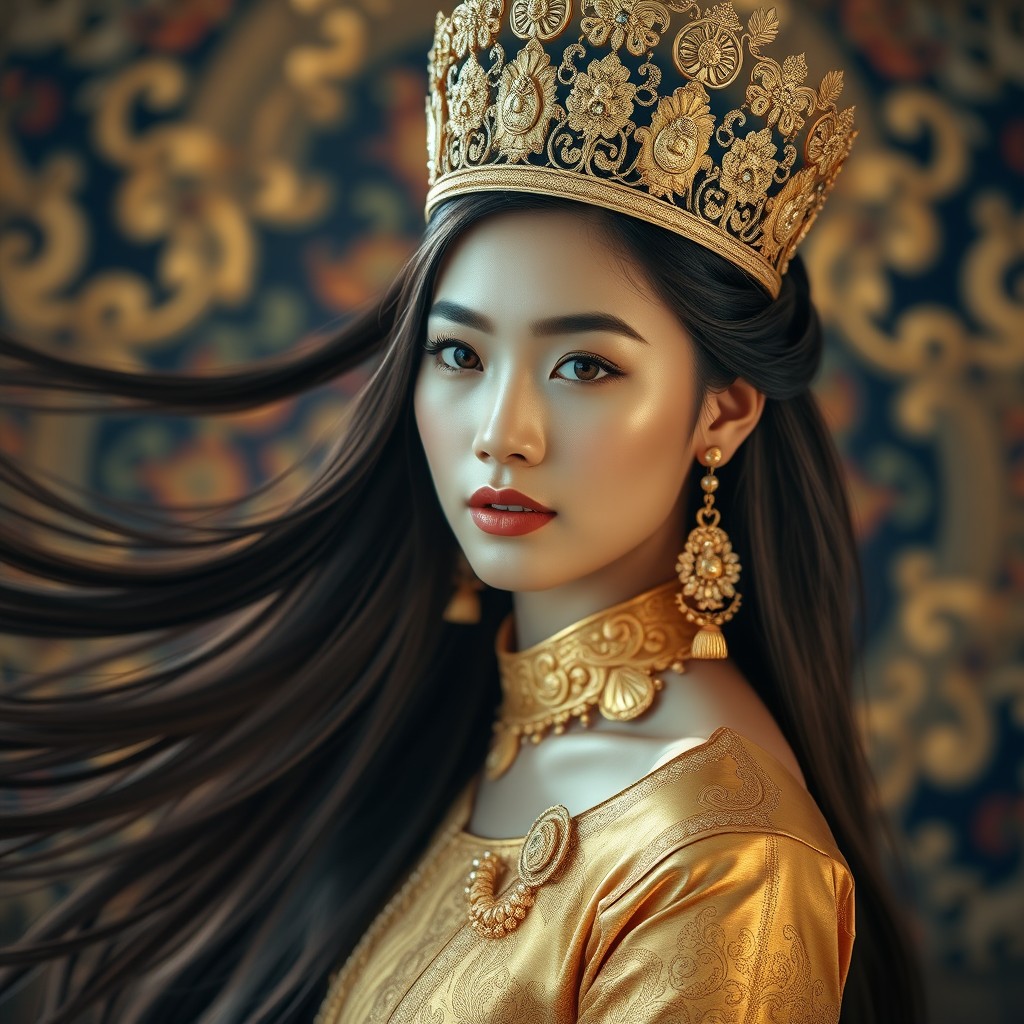 A breathtakingly beautiful young woman with long flowing hair, adorned with an intricate crown, wearing an exquisite golden traditional Thai outfit