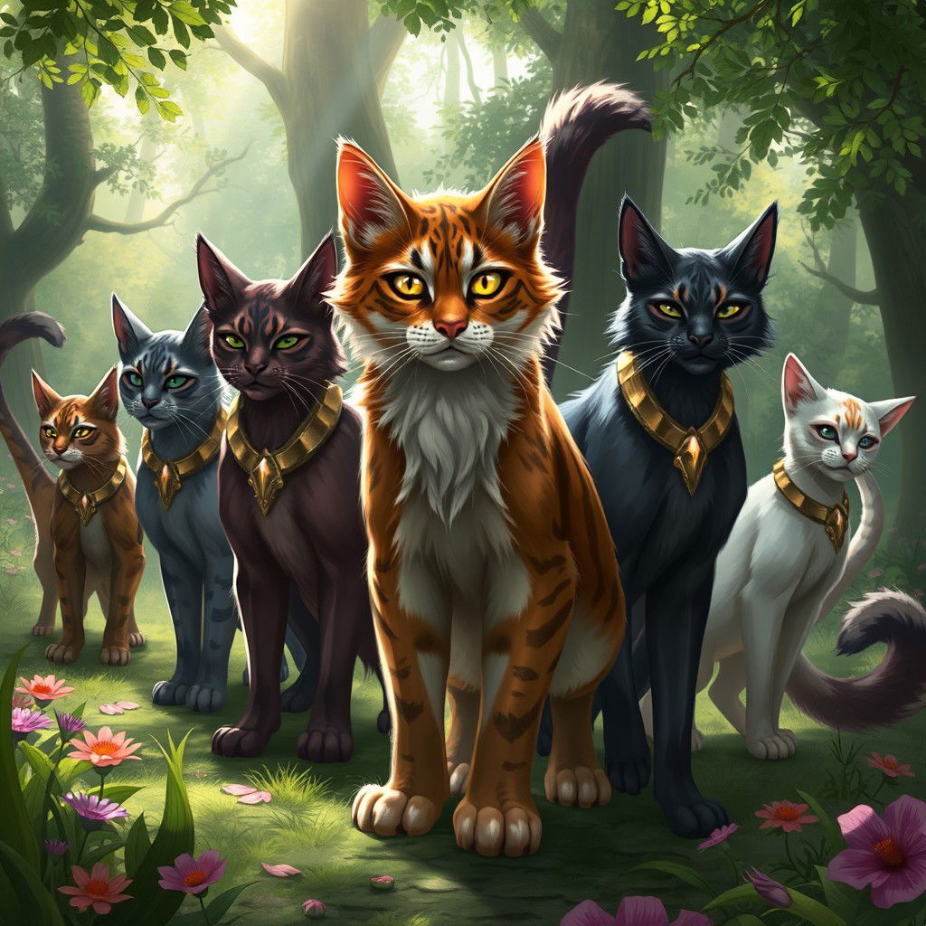 A fantasy scene depicting a group of majestic warrior cats, illustrated in a lush forest setting