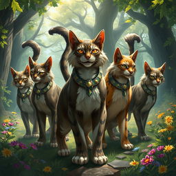 A fantasy scene depicting a group of majestic warrior cats, illustrated in a lush forest setting